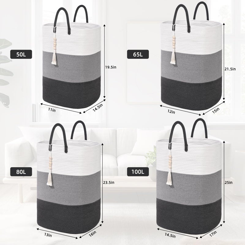 WENMER Woven Laundry Basket for Clothes,65 L Large Rectangle Laundry Hampers with Beads Tassel, Nursery Storage Basket for Toys, Tall Dirty Clothes Hamper for Bedroom Aesthetic, Laundry Room Organization - Image 3
