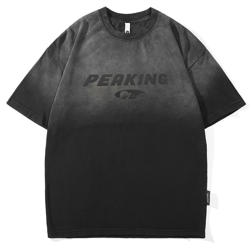 T3617 | plus size Men''s Summer New Heavy Wash Water Gradient Crewneck T-shirt Men''s Loose Fashion Brand Printed Short Sleeve - Image 1