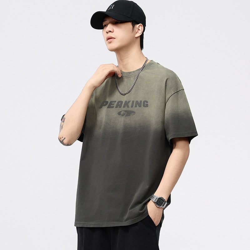 T3617 | plus size Men''s Summer New Heavy Wash Water Gradient Crewneck T-shirt Men''s Loose Fashion Brand Printed Short Sleeve - Image 3