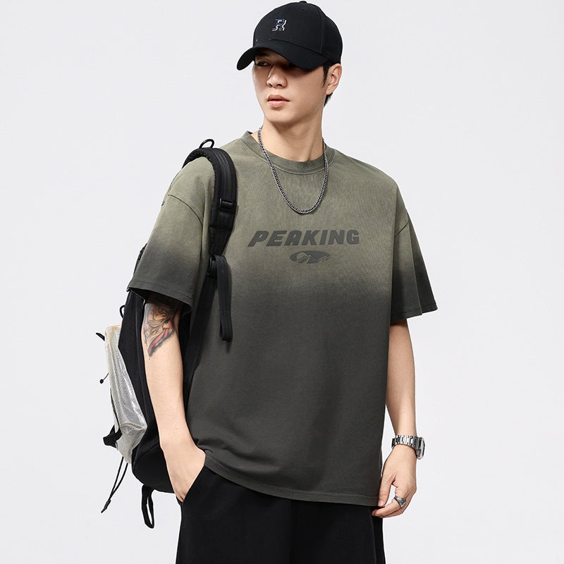 T3617 | plus size Men''s Summer New Heavy Wash Water Gradient Crewneck T-shirt Men''s Loose Fashion Brand Printed Short Sleeve - Image 2