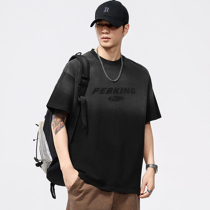 T3617 | plus size Men''s Summer New Heavy Wash Water Gradient Crewneck T-shirt Men''s Loose Fashion Brand Printed Short Sleeve - Image 4