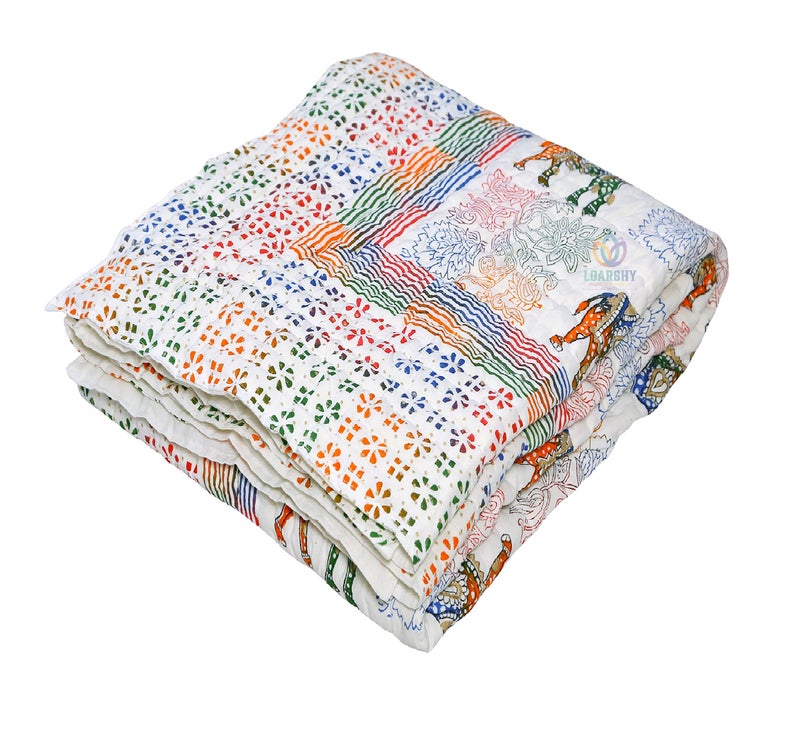 LOARSHY Camel and Floral Hand Block Print Pure Cotton Jaipuri Razai Multi Color Soft Mulmul Double Bed AC Quilt Light Weight King Size Rajai (Size 87X103 inch) - Image 5