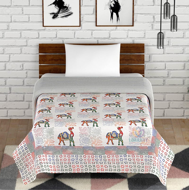 LOARSHY Camel and Floral Hand Block Print Pure Cotton Jaipuri Razai Multi Color Soft Mulmul Double Bed AC Quilt Light Weight King Size Rajai (Size 87X103 inch) - Image 2