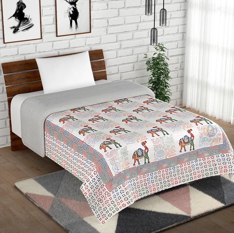 LOARSHY Camel and Floral Hand Block Print Pure Cotton Jaipuri Razai Multi Color Soft Mulmul Double Bed AC Quilt Light Weight King Size Rajai (Size 87X103 inch) - Image 1