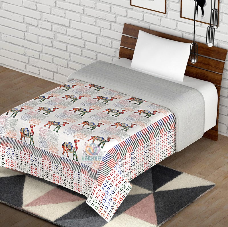 LOARSHY Camel and Floral Hand Block Print Pure Cotton Jaipuri Razai Multi Color Soft Mulmul Double Bed AC Quilt Light Weight King Size Rajai (Size 87X103 inch) - Image 3