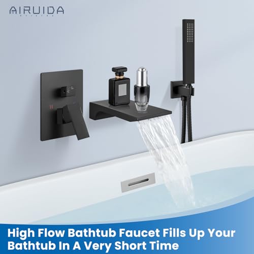 Airuida Wall Mount Tub Faucet with Waterfall Tub Spout Wall Mounted Bathtub Faucet with Handheld Shower Single Handle Tub Filler Shower Faucet Set with Rough-in valve Straight Spout Matte Black - Image 2