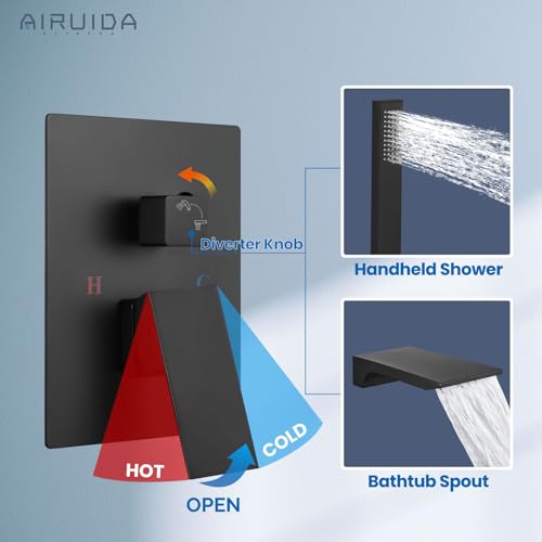 Airuida Wall Mount Tub Faucet with Waterfall Tub Spout Wall Mounted Bathtub Faucet with Handheld Shower Single Handle Tub Filler Shower Faucet Set with Rough-in valve Straight Spout Matte Black - Image 4