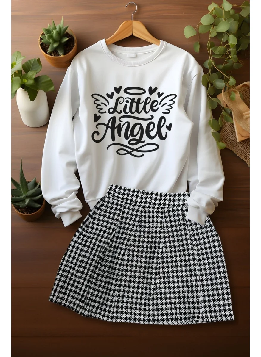 Ada Bebek Çocuk Ada Baby Child Style Plaid Skirt Little Angels Sweat Skirt Top and Bottom Set