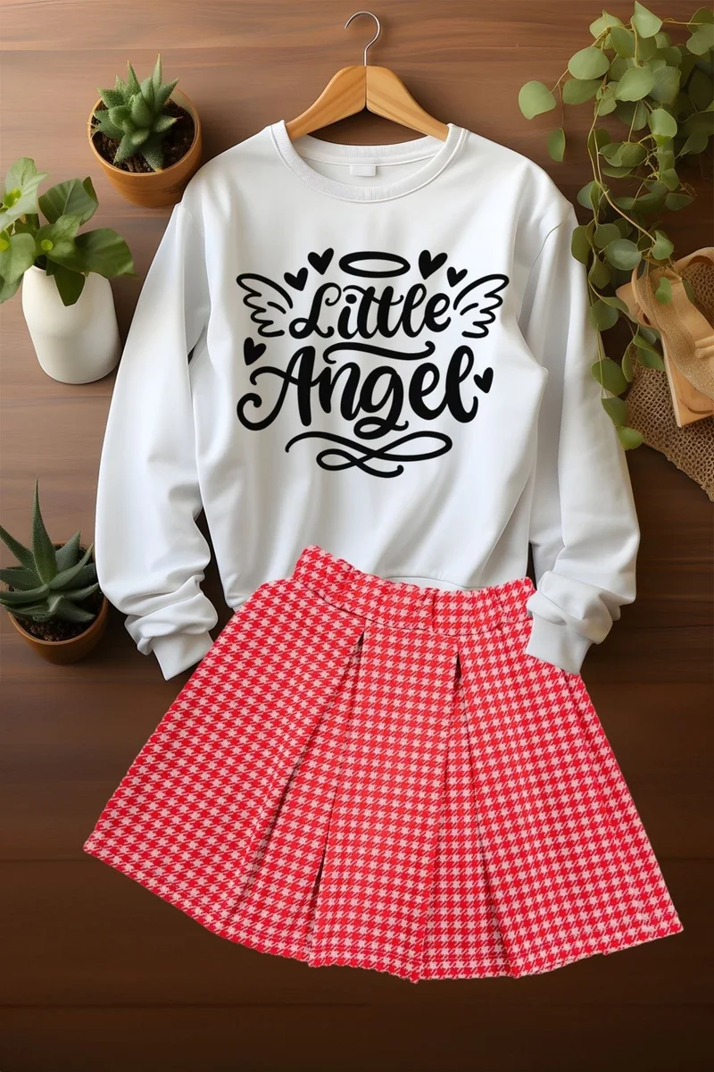 Ada Bebek Çocuk Ada Baby Child Style Plaid Skirt Little Angels Sweat Skirt Top and Bottom Set