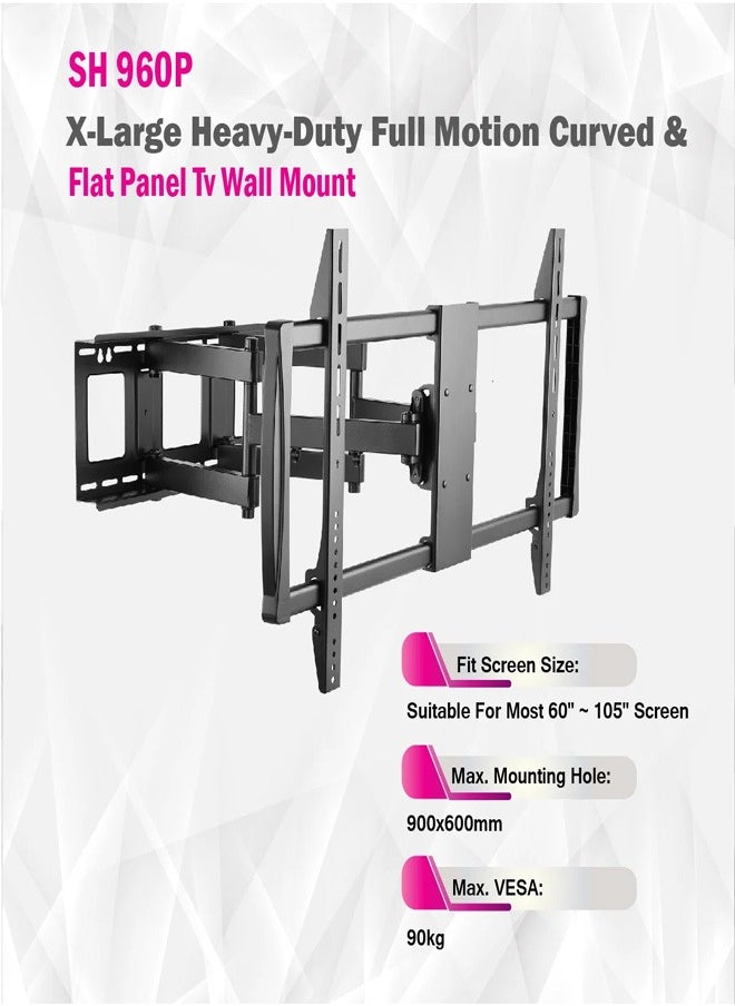Skill Tech SH 960P Swivel TV Wall Mount Bracket for 60"-105" LED LCD Screens, VESA 900x600, Extendable Arm 70–625mm, 80kg Load Capacity – Black  - Image 4