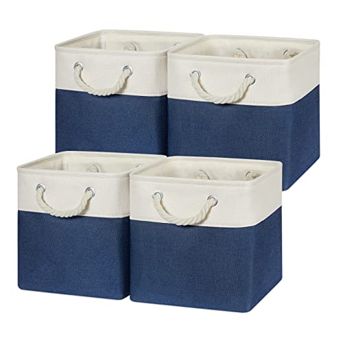 Temary Fabric Storage Cubes 11x11 Cube Storage Bins 4Pack Blue Basket for Organizing Home, Closet, Empty Gift Baskets with Handles (White&Blue) - Image 1
