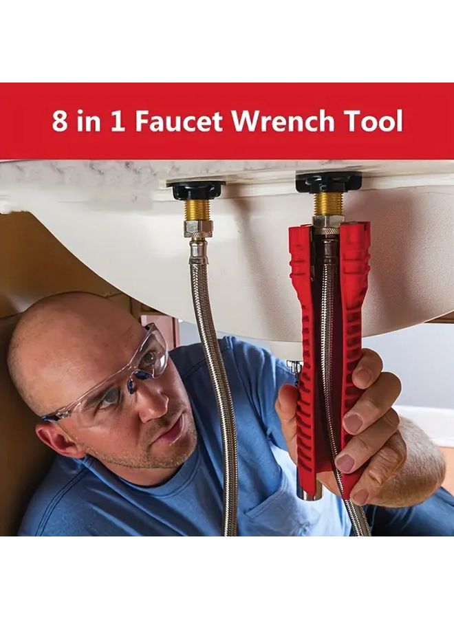 Red 8 In 1 Heavy Duty Adjustable Faucet Wrench For Sink Bathroom Kitchen - Image 1
