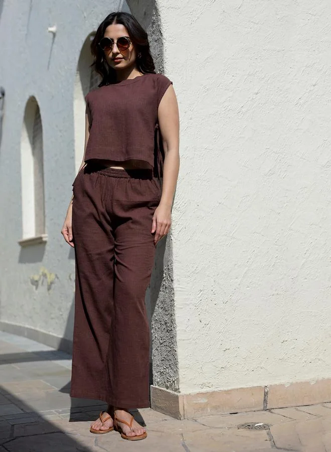 sanskrutihomes Sanskrutihomes Women Brown Solid Sleeveless Top and Pants Co-Ords