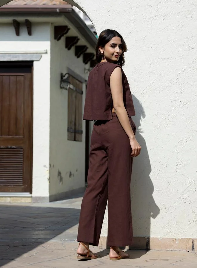 sanskrutihomes Sanskrutihomes Women Brown Solid Sleeveless Top and Pants Co-Ords