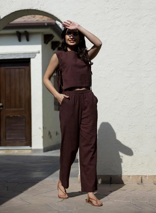 sanskrutihomes Sanskrutihomes Women Brown Solid Sleeveless Top and Pants Co-Ords