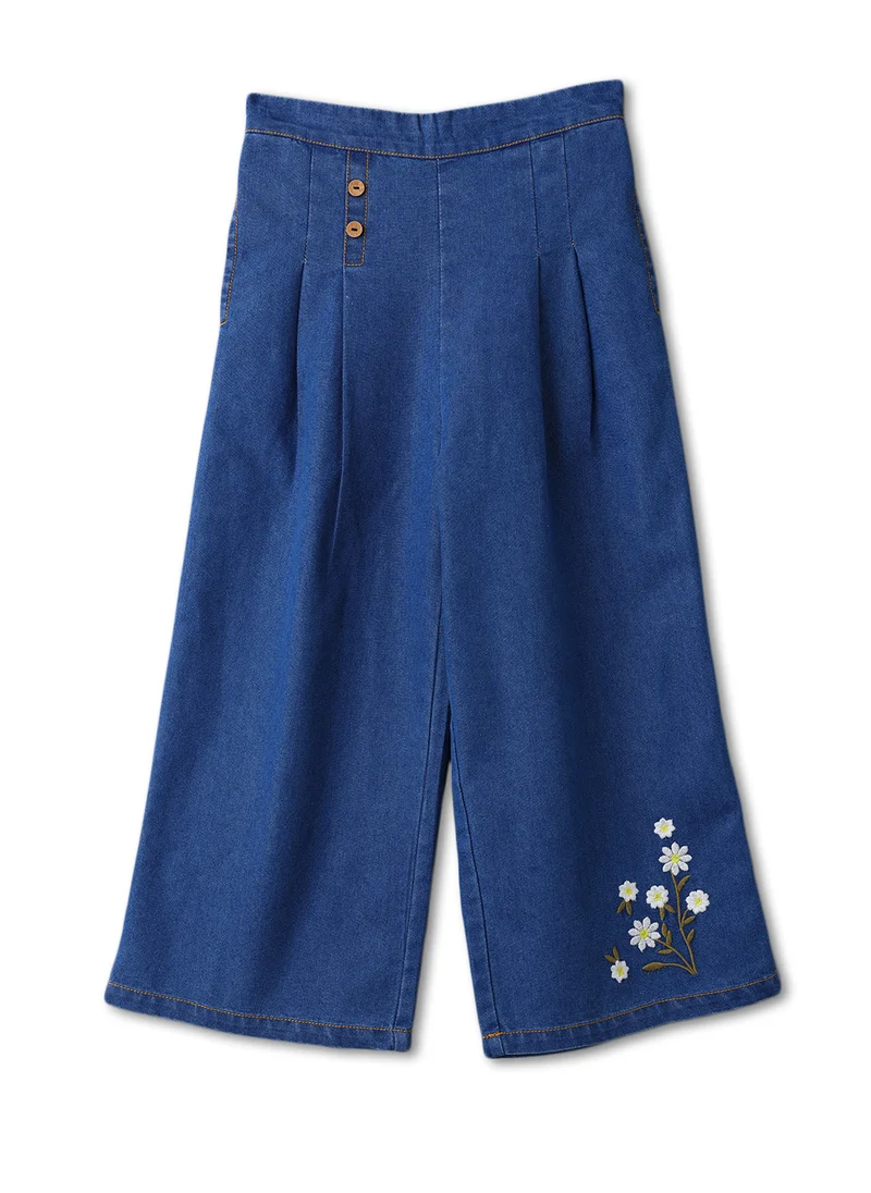 نوتيناتي Nautinati Girls' Embroidered Flowers Knife Pleats Wide Leg Denim Jeans