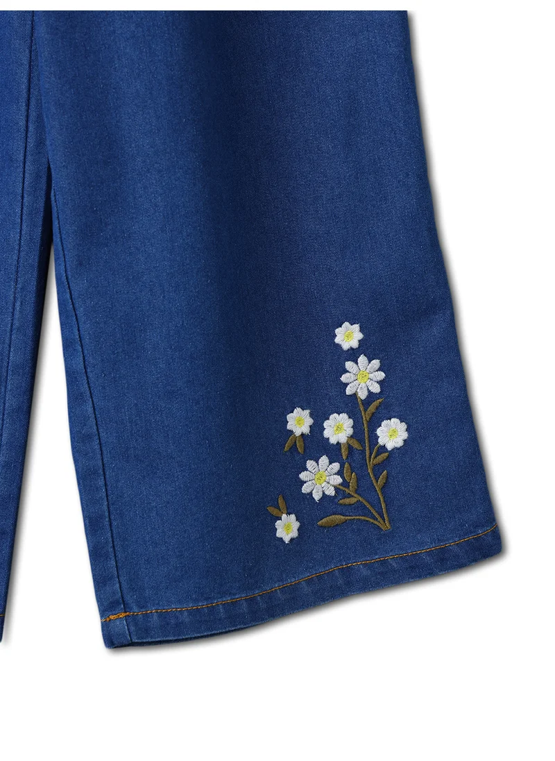 نوتيناتي Nautinati Girls' Embroidered Flowers Knife Pleats Wide Leg Denim Jeans