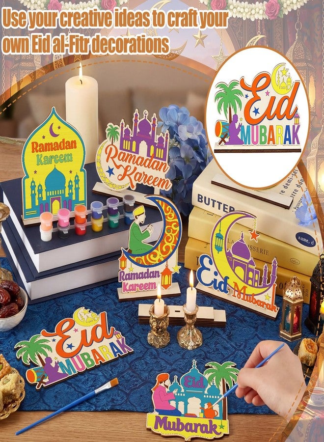 DoubleFill 8 Sets Wooden Ramadan Crafts, DIY Eid Mubarak Wood Tabletop Signs with Paint Strips and Brushes, Paint Your Own Ramadan Kit, Coloring Eid Activity for Home, School, Islamic Party Decor - Image 2