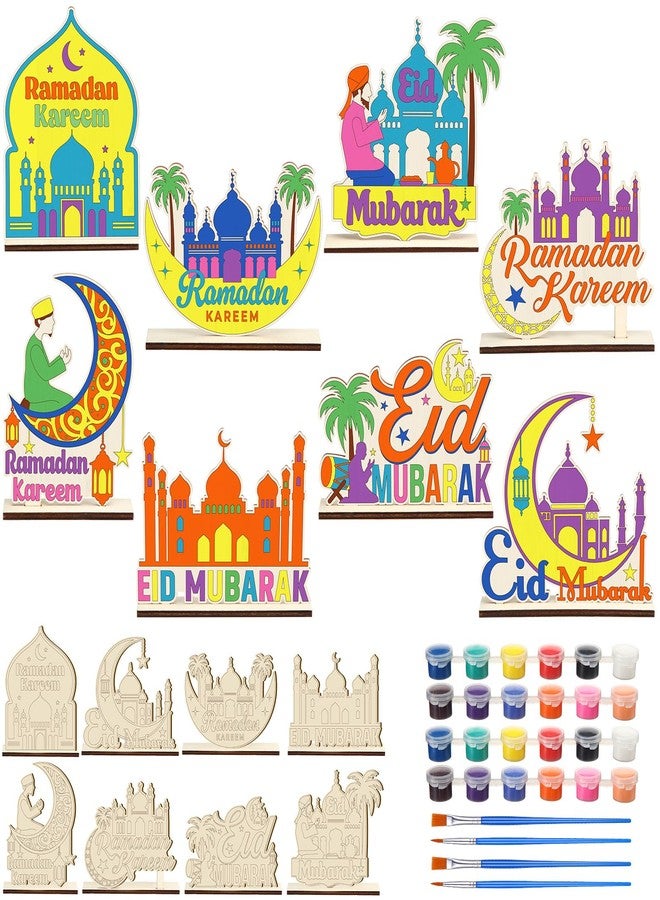 DoubleFill 8 Sets Wooden Ramadan Crafts, DIY Eid Mubarak Wood Tabletop Signs with Paint Strips and Brushes, Paint Your Own Ramadan Kit, Coloring Eid Activity for Home, School, Islamic Party Decor - Image 1