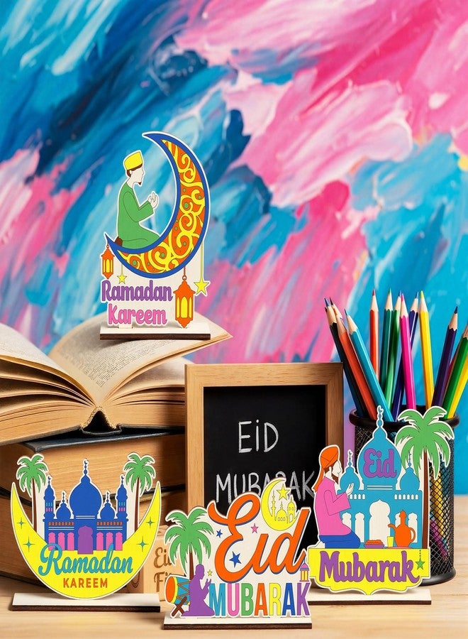 DoubleFill 8 Sets Wooden Ramadan Crafts, DIY Eid Mubarak Wood Tabletop Signs with Paint Strips and Brushes, Paint Your Own Ramadan Kit, Coloring Eid Activity for Home, School, Islamic Party Decor - Image 4