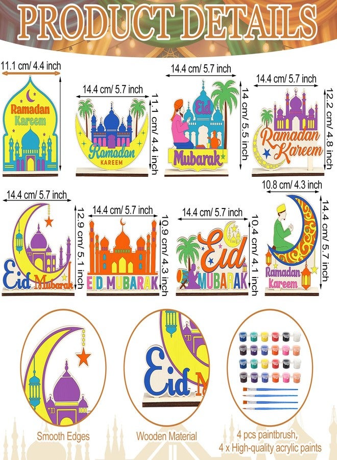 DoubleFill 8 Sets Wooden Ramadan Crafts, DIY Eid Mubarak Wood Tabletop Signs with Paint Strips and Brushes, Paint Your Own Ramadan Kit, Coloring Eid Activity for Home, School, Islamic Party Decor - Image 3