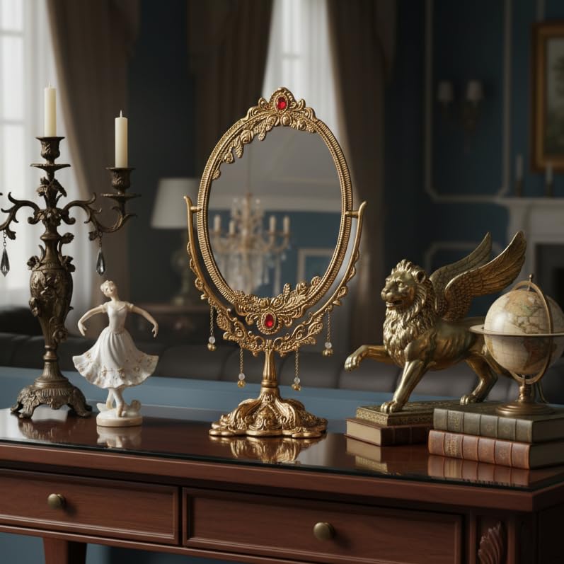 KridayKraft Gold-Plated Double-Sided Oval Metal Table Mirror – Floor-Mounted Unframed Vanity Mirror for Home Décor, Birthday, Anniversary, Wedding & Festive Gifting for Loved Ones - Image 3