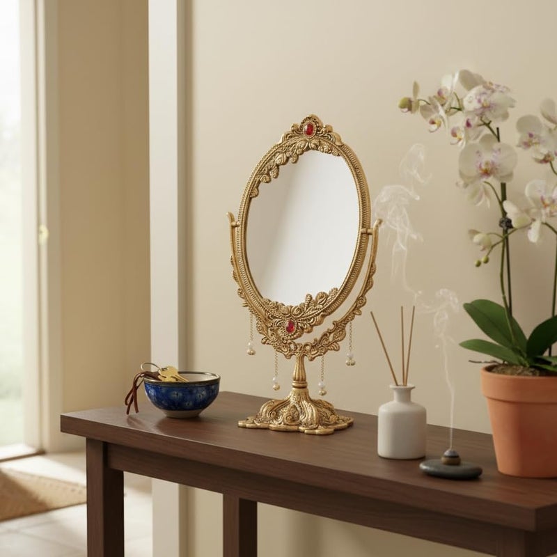 KridayKraft Gold-Plated Double-Sided Oval Metal Table Mirror – Floor-Mounted Unframed Vanity Mirror for Home Décor, Birthday, Anniversary, Wedding & Festive Gifting for Loved Ones - Image 1