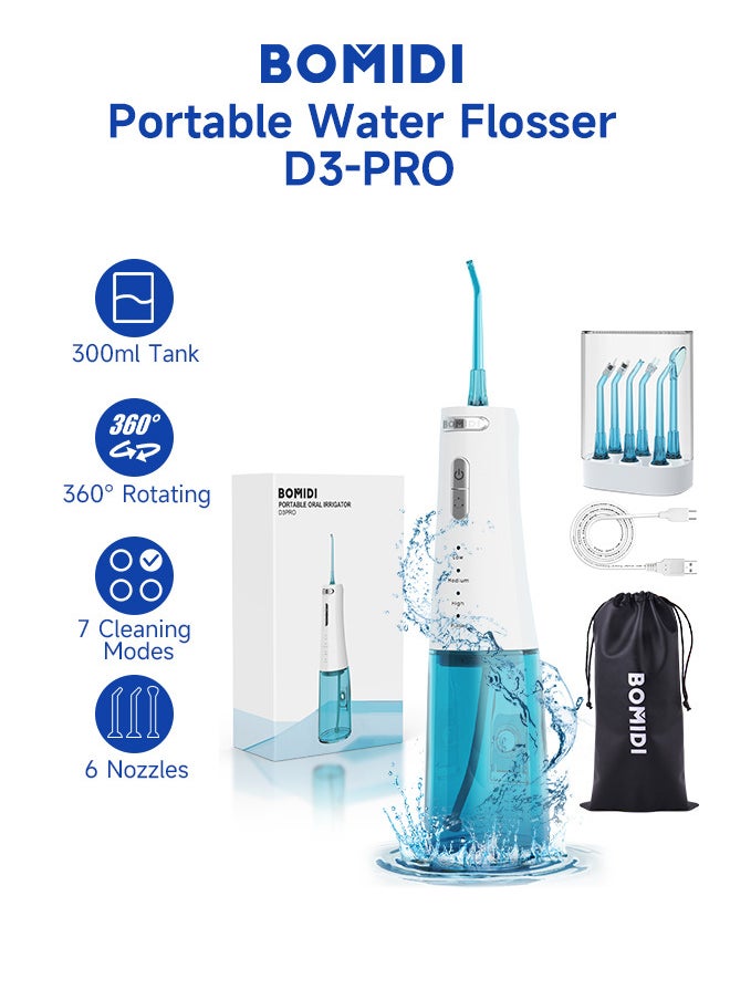 BOMIDI Portable Water Flosser for Teeth Cleaning Cordless Dental Oral 360° Rotating 6 Nozzle 300ml Tank 7 Levels of Adjustable Water Pressure IPX7 Type-C Charging D3 PRO - White And Blue  - Image 3