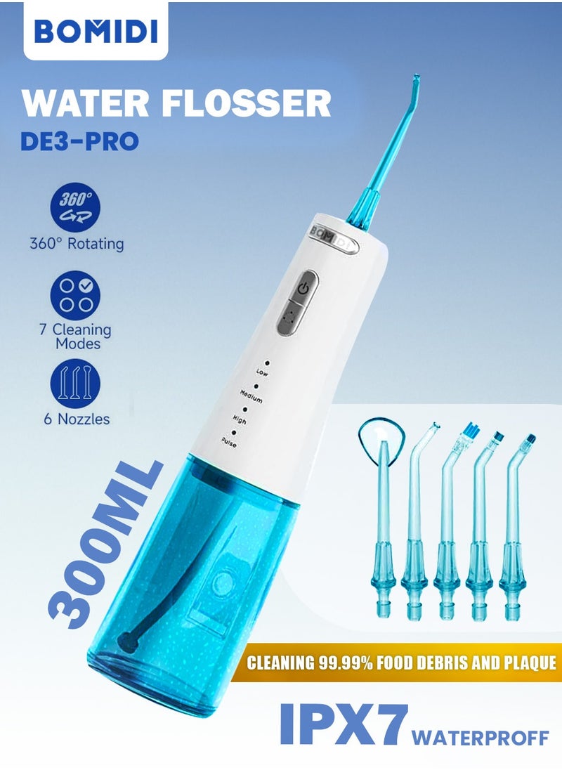 BOMIDI Portable Water Flosser for Teeth Cleaning Cordless Dental Oral 360° Rotating 6 Nozzle 300ml Tank 7 Levels of Adjustable Water Pressure IPX7 Type-C Charging D3 PRO - White And Blue  - Image 1