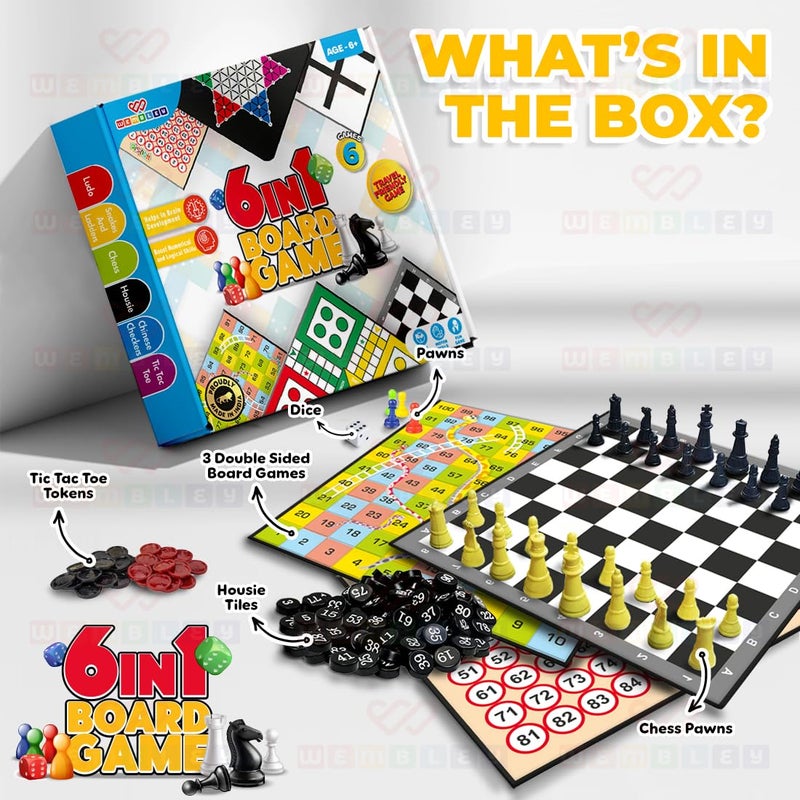Wembley 6 in 1 Classic Board Game for Kids & Adults | Ludo, Snake & Ladder, Chess, Checkers, Housie, Tic Tac Toe | Family Fun Travel Indoor Board Games Boost Decision Making Strategic Thinking - Image 2