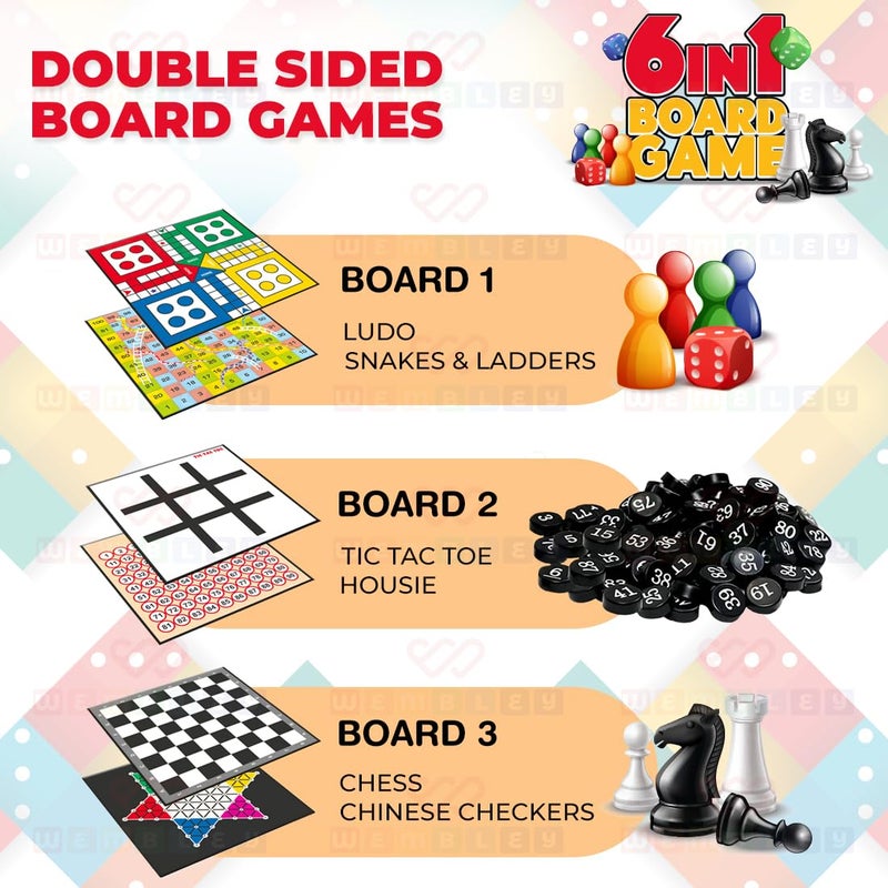 Wembley 6 in 1 Classic Board Game for Kids & Adults | Ludo, Snake & Ladder, Chess, Checkers, Housie, Tic Tac Toe | Family Fun Travel Indoor Board Games Boost Decision Making Strategic Thinking - Image 3