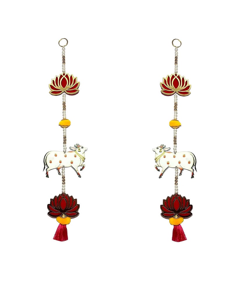 Pinoozclub Pinoozclub Handmade MDF Cow Pichwai with Lotus Cutouts and Pom Poms Backdrop Hangings for Decorations1 Pair MDF Floral Wall Hangings for Temple Decor Main Door Entrance - Image 1