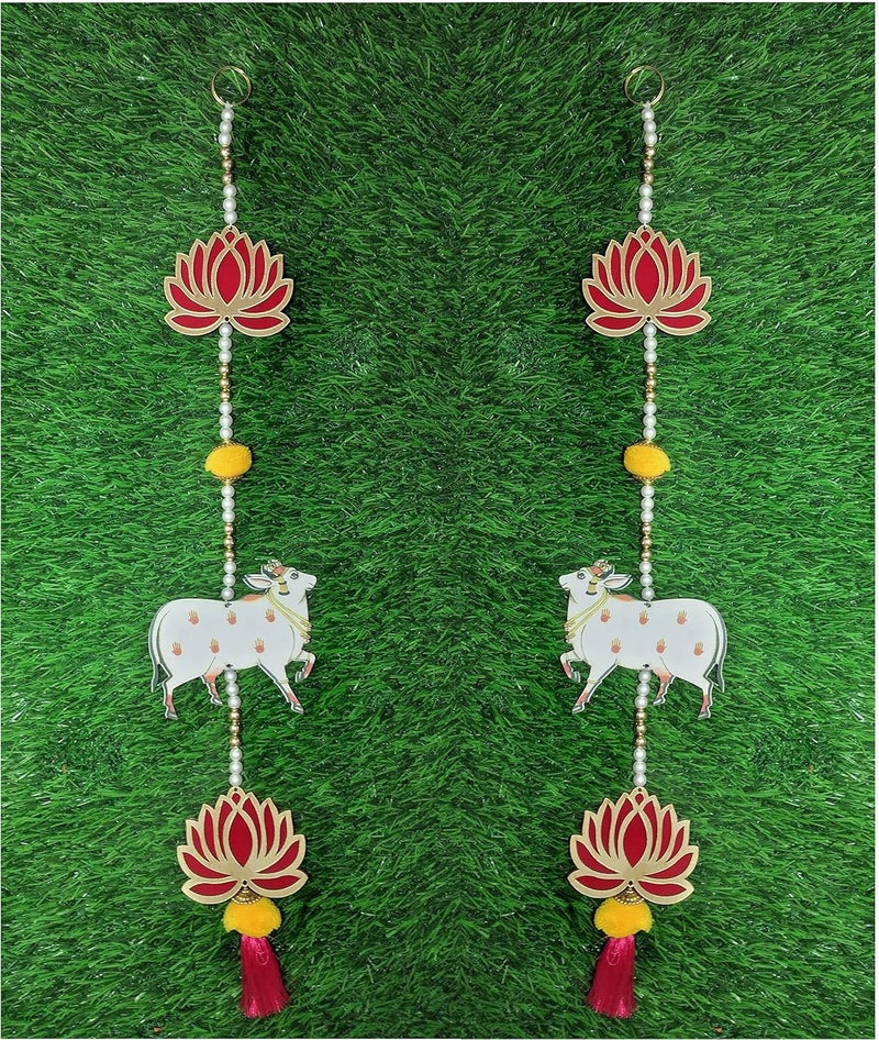 Pinoozclub Pinoozclub Handmade MDF Cow Pichwai with Lotus Cutouts and Pom Poms Backdrop Hangings for Decorations1 Pair MDF Floral Wall Hangings for Temple Decor Main Door Entrance - Image 2