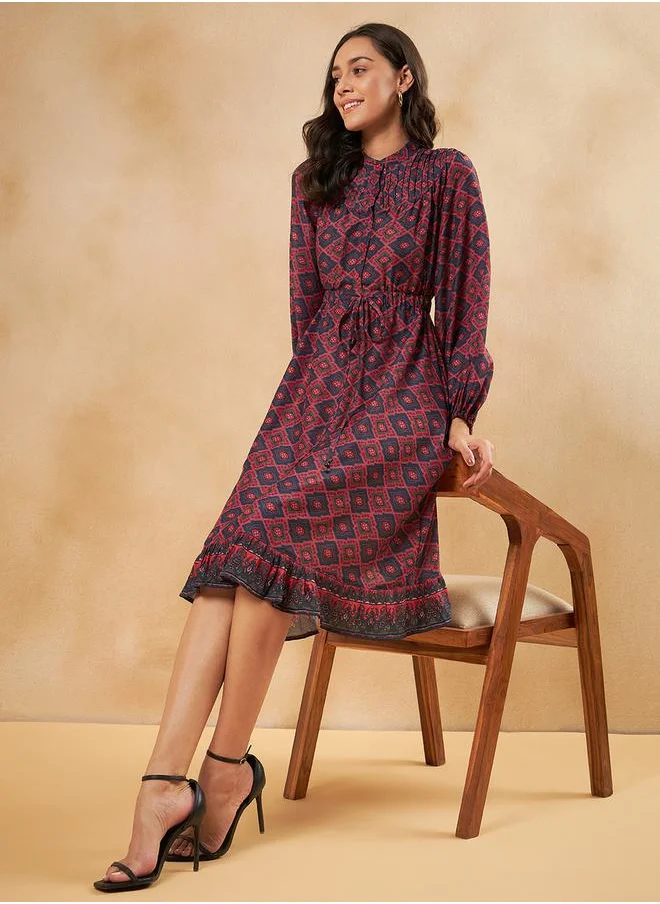 FEMELLA All Over Print Knee Length Dress with Tie Up by Styli