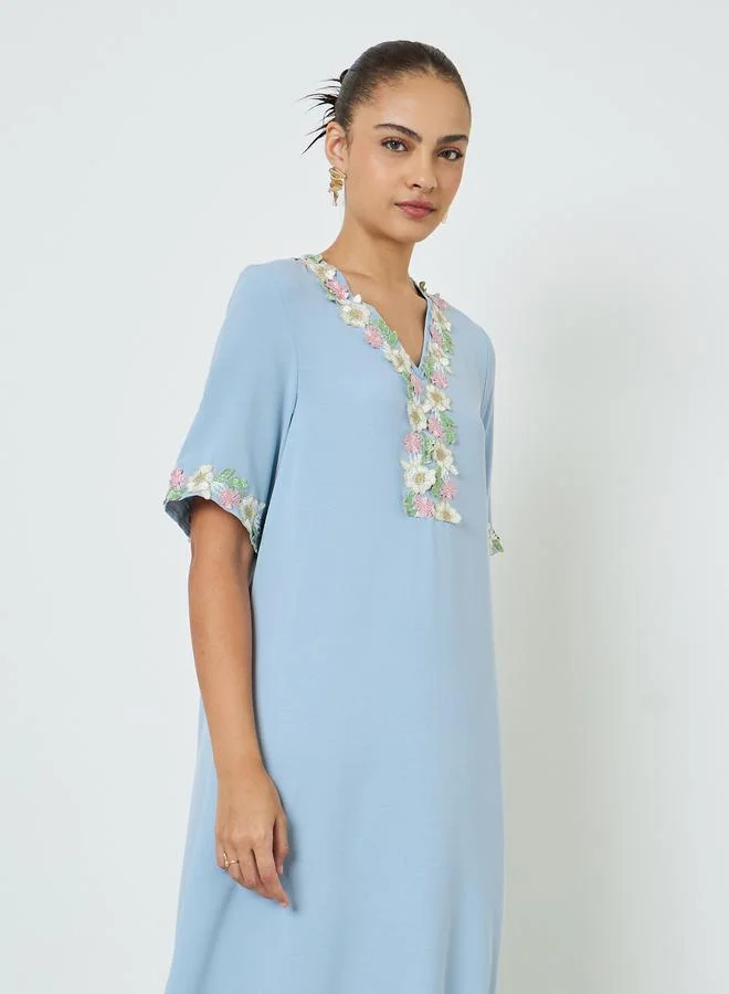 Amirah Light Blue Floral Lace Trim V Neck Jalabiya