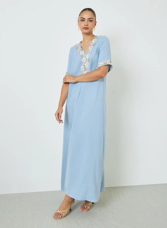 Amirah Light Blue Floral Lace Trim V Neck Jalabiya