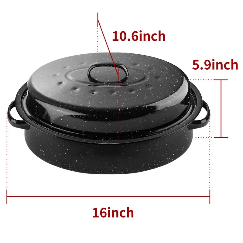 DIMESHY 16Inch Roasting Pan, Enamel on Steel, Black Covered Oval Roaster Pan with Lid, Medium Cookware for Turkey, Small Chicken, Roast Baking Pan. - Image 2