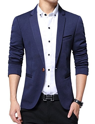 DAVID.ANN Men's Slim Fit Suits Casual One Button Flap Pockets Solid Blazer Jacket,Dark Blue,Small - Image 1