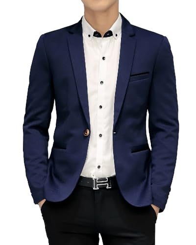 DAVID.ANN Men's Slim Fit Suits Casual One Button Flap Pockets Solid Blazer Jacket,Dark Blue,Small - Image 4