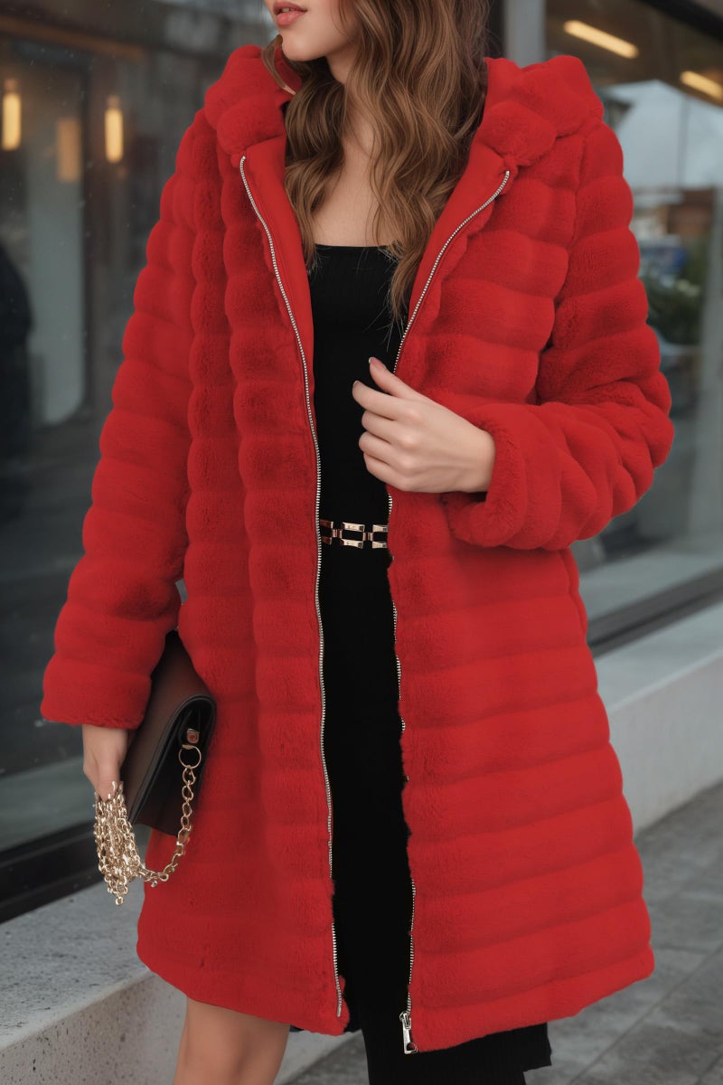 RISISSIDA Women Long Faux Fur Coat Fuzzy Jacket with Hood Fleece Winter Fall Thermal Shearling Warm Fluffy Furry Overcoat B Red 120757A S - Image 2