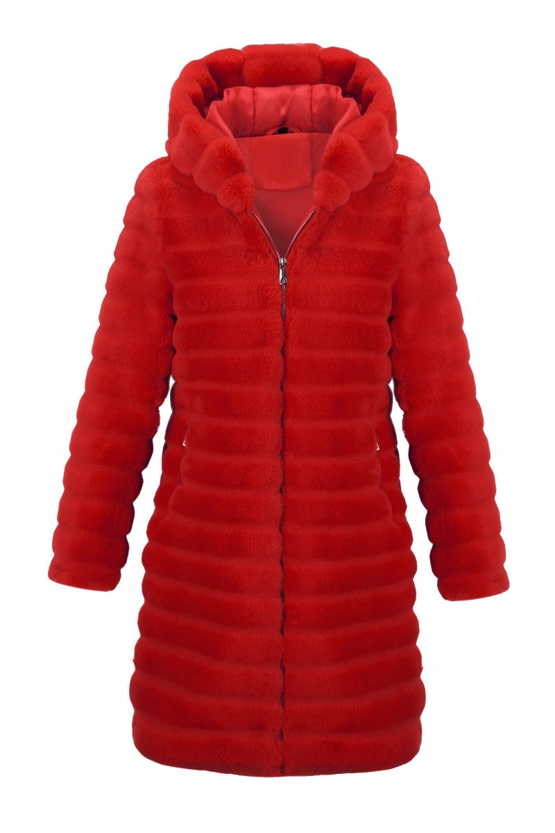 RISISSIDA Women Long Faux Fur Coat Fuzzy Jacket with Hood Fleece Winter Fall Thermal Shearling Warm Fluffy Furry Overcoat B Red 120757A S - Image 1