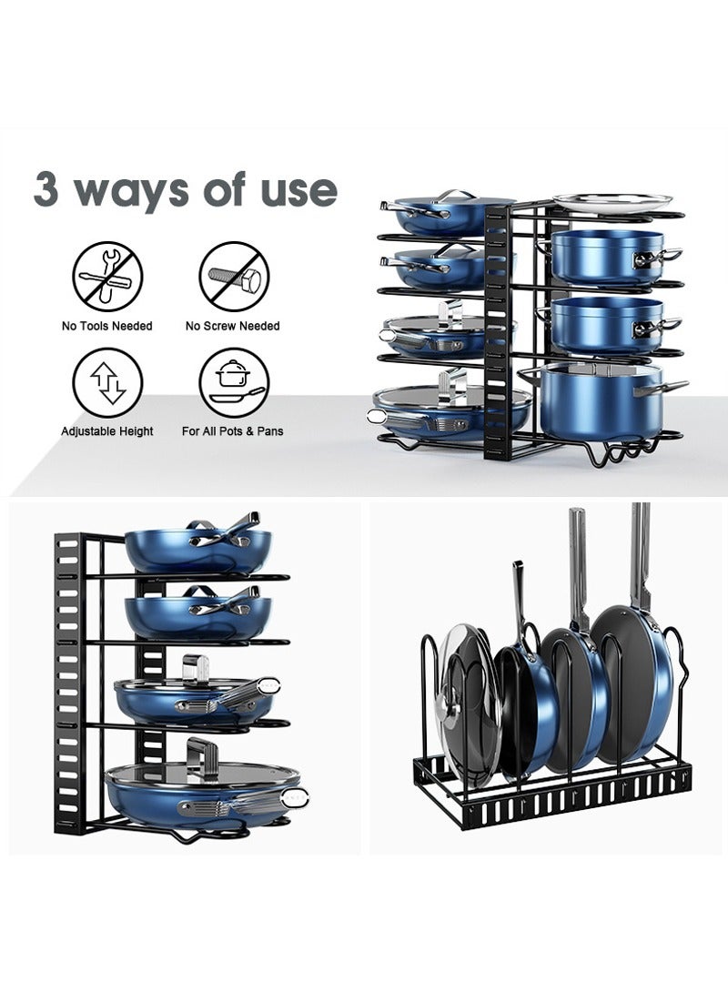 Pot Rack Organizer, 8 Tiers Adjustable Pots and Pans Organizer, Large Capacity Pot Lid Holders & Pan Rack for Kitchen Cabinet and Counter with 3 DIY Methods Black 40.8 x 26.4 x 10.8cm  - Image 1
