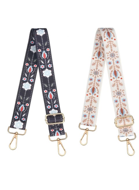 Crossbody Replacement Shoulder Strap Adjustable 2-Piece Handbag with Guitar Style Stripe Replacement Belt (Black And White Floral Style, 1.5 Inches)