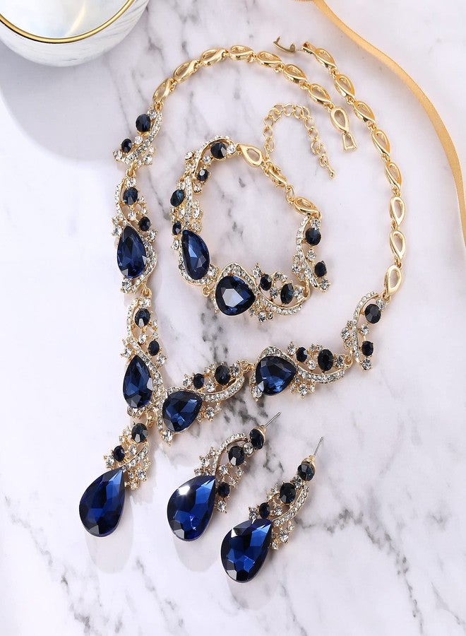 BriLove Wedding Bridal Jewelry for Women Multi Teardrop Cluster Crystal Statement Necklace Dangle Earrings Link Bracelet Set Sapphire Color - Image 5