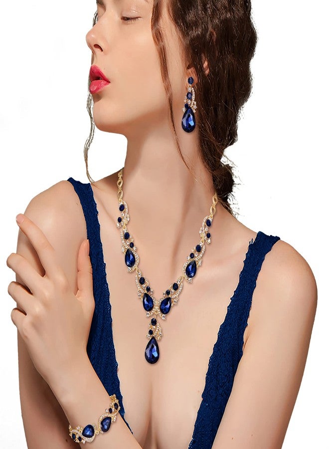 BriLove Wedding Bridal Jewelry for Women Multi Teardrop Cluster Crystal Statement Necklace Dangle Earrings Link Bracelet Set Sapphire Color - Image 2
