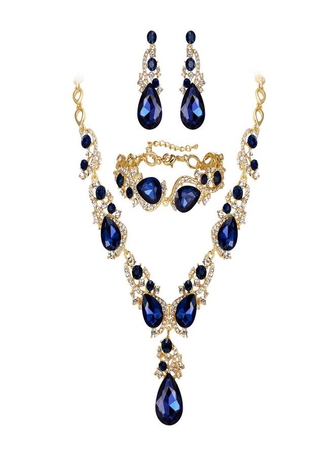 BriLove Wedding Bridal Jewelry for Women Multi Teardrop Cluster Crystal Statement Necklace Dangle Earrings Link Bracelet Set Sapphire Color - Image 1