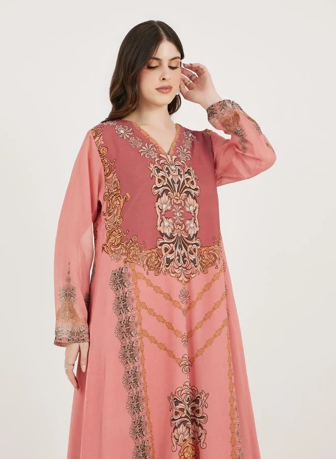 Take Two Damask Print Studded Georgette Kaftan