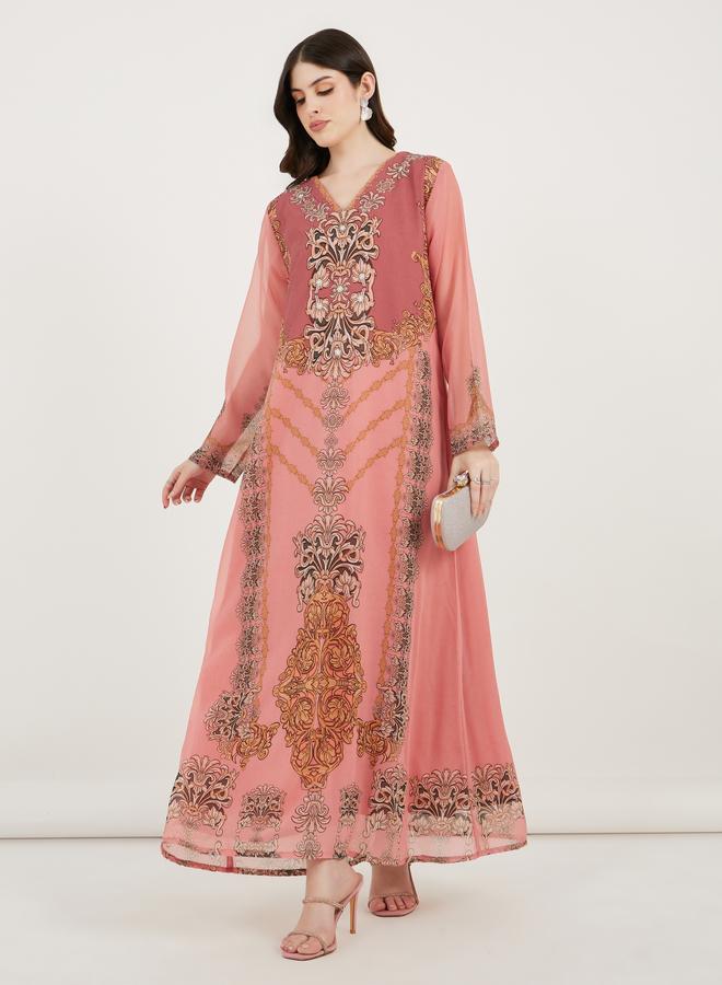 Take Two Damask Print Studded Georgette Kaftan - Image 1