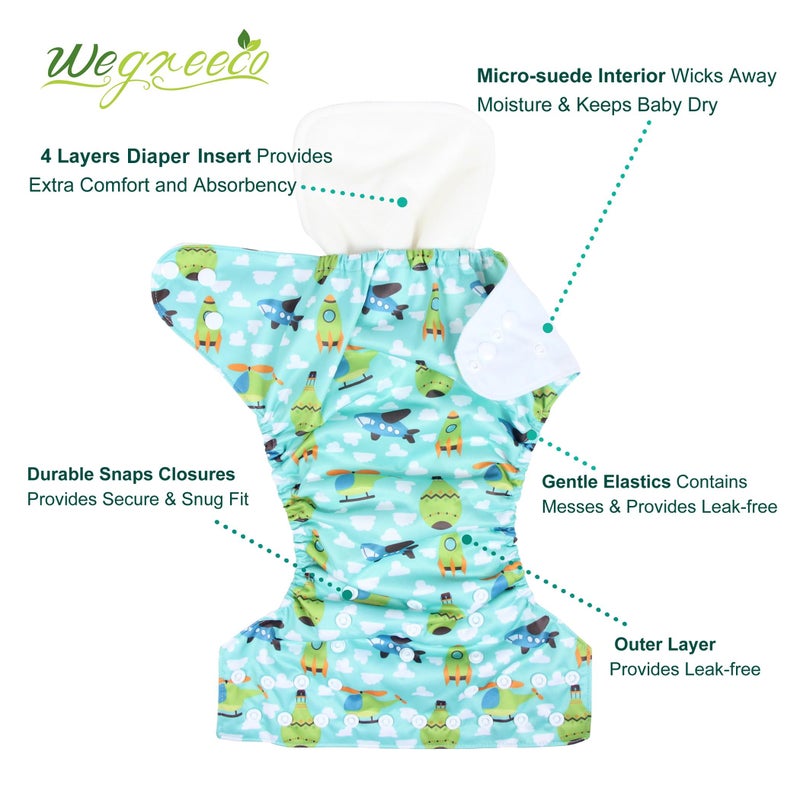 wegreeco Cloth Diapers 6 Pack with 6 Inserts & 1 Wet Bag, Washable Cloth Diapers for Babies, One Size Adjustable Reusable (Car, Airplane) - Image 2