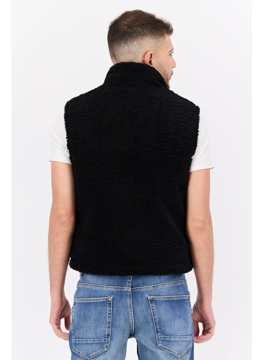 ESPRIT - Men Embroidered Logo Faux Fur Vest Jackets, Black - Image 1